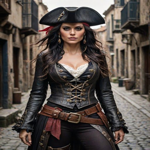 Create a portrait of a fierce female pirate. She wears a leather tricorn hat adorned with a skull and crossbones emblem, and her long, dark hair flows around her face. Her outfit consists of a richly detailed leather jacket, a corset, and multiple layers of belts and accessories, giving her a formidable and stylish appearance. She stands confidently in a dimly lit, historic port town, with a backdrop of weathered buildings and cobblestone streets, capturing the adventurous spirit of a pirate.