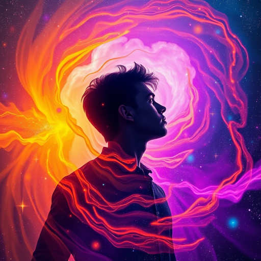 Generate a vibrant cosmic art piece featuring a human silhouette surrounded by swirling colors of orange, purple, and blue, with bright stars and energy patterns, shot with a Canon EOS R5, 50mm lens, f/1.8, ISO 100, in a soft-focus portrait style.