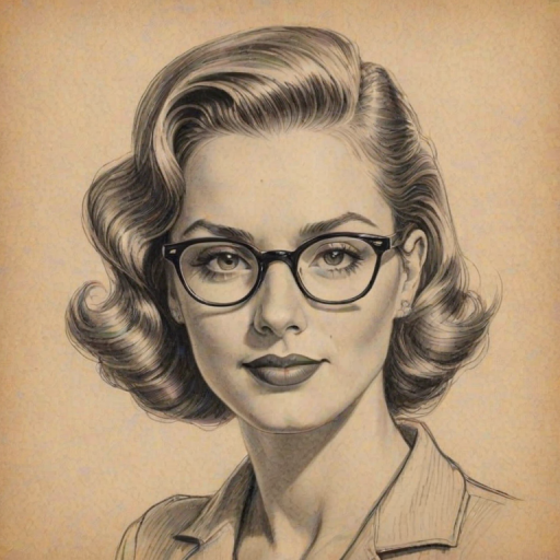 Ravishing Zoe Laverne, pencil sketch, portrait of Enchanting woman 1940s in glasses, hair style beatnik, outline, clear lines, fine lines, 8k