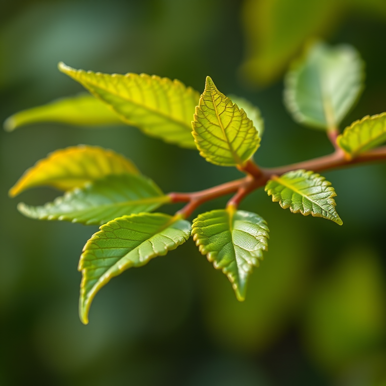 Create a high-resolution image of a green leaf branch with a focus on vibrant colors and sharp detail, using a macro lens, f/2.8 aperture, 100mm focal length, natural lighting, and a DSLR camera.