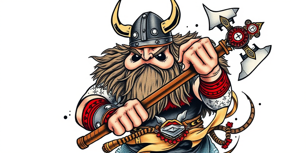 Neo-traditional tattoo of a fierce Viking warrior wielding an ornate battle axe, incorporating bold outlines, rich colors, and stylized elements inspired by Norse mythology