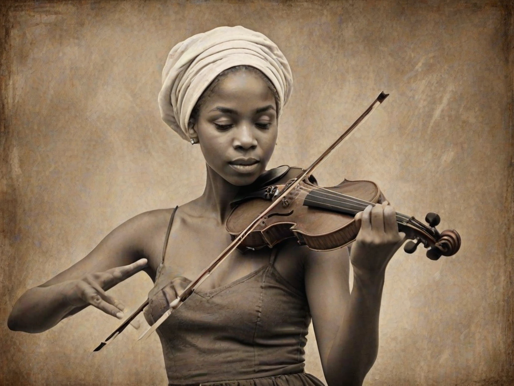 a young Nubian woman with a white headband playing a violin, in the style of a charcoal drawing, sepia grunge background