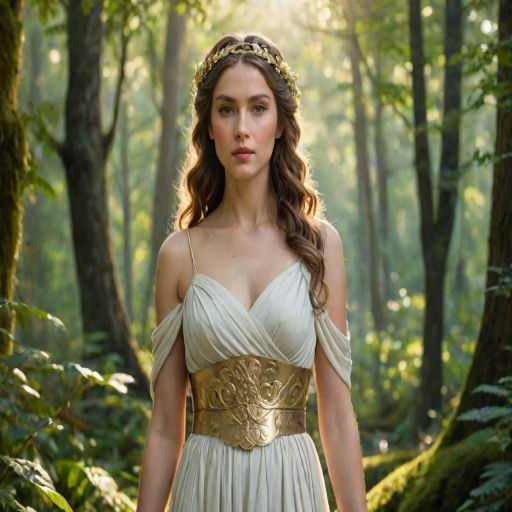 Create a portrait of a goddess-like female figure in a tranquil, forested environment. She has an elegant appearance with long, wavy hair styled in an updo and adorned with a delicate, floral headband. She wears a flowing, ancient Greek-inspired gown in a soft, pale color, featuring a one-shoulder design and draped fabric that accentuates her graceful form. The outfit includes a decorative belt with ornate gold detailing, and she holds a bow in her hand, with a quiver of arrows slung over her shoulder. The background depicts lush greenery, with sunlight filtering through the trees, casting a gentle, ethereal light on the scene. Her expression is calm and contemplative, embodying a sense of wisdom and serenity.