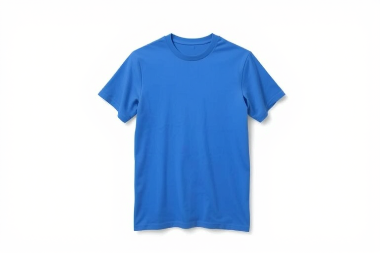 Create a high-resolution image of a plain blue t-shirt on a white background, using a DSLR camera with an aperture of f/2.8, shutter speed of 1/60 sec, ISO 100, shot from a front view at eye level, using soft lighting for even illumination.