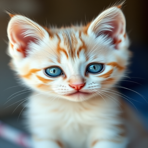 Generate a high-resolution portrait of a light-colored kitten with blue eyes, using a soft focus to enhance the subject, shot with a Canon EOS 5D Mark IV at f/2.8, ISO 100, in natural light, with a shallow depth of field for a blurred background.