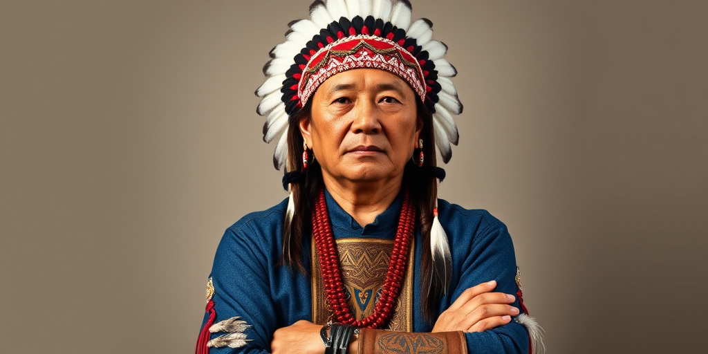 Create a dignified portrait of a Native American man dressed in traditional attire. He wears a beautifully crafted headdress adorned with white feathers and red beads, along with a beaded headband featuring intricate patterns. His clothing includes a deep blue, patterned shirt and a traditional chest piece with detailed beadwork. His arms are crossed, displaying leather armbands decorated with feathers. The background is simple and neutral, emphasizing his proud and stoic expression. The overall image captures the rich cultural heritage and strength of his persona.