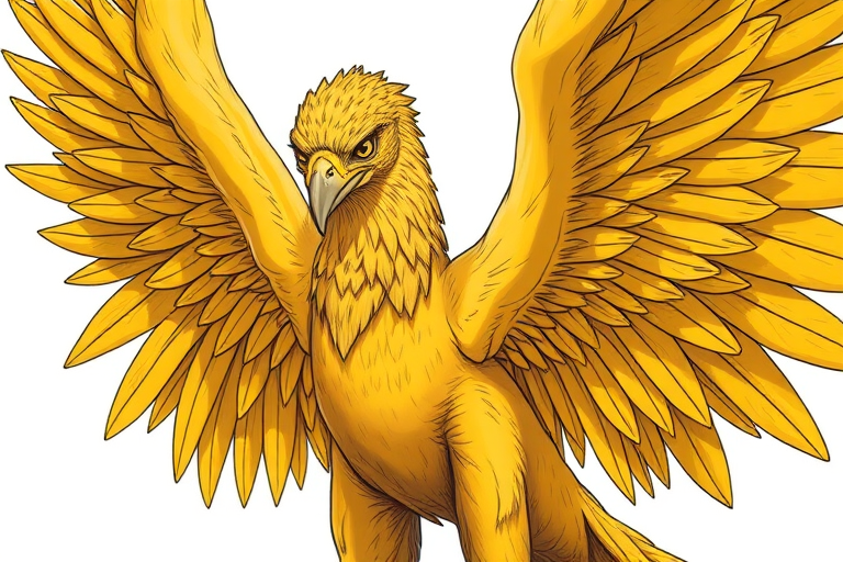 Create a highly detailed illustration of a yellow griffin with intricate feathers and defined musculature, viewed from a dynamic angle, using a DSLR camera with a 50mm lens, aperture set to f/2.8, ISO 100, and natural lighting for enhanced clarity and shadow depth.