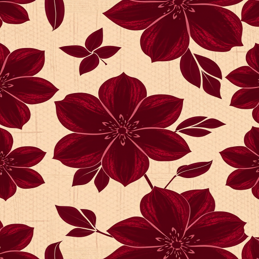 Create a seamless floral pattern featuring large stylized flowers in deep maroon tones on a textured background with subtle geometric shapes, camera type: digital SLR, camera style: macro, camera view: top-down, settings: f/8, ISO 100, shutter speed 1/125.