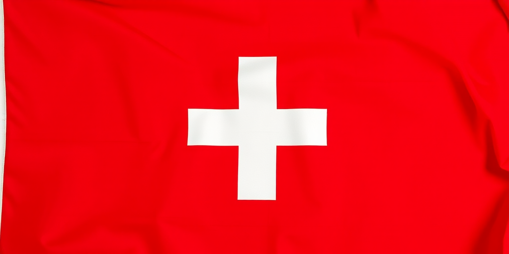 Create a high-resolution image of a red flag with a white cross centered on it, using a DSLR camera with a 50mm lens, aperture f/2.8, ISO 100, and a slight overhead view for enhanced detail and vibrancy.