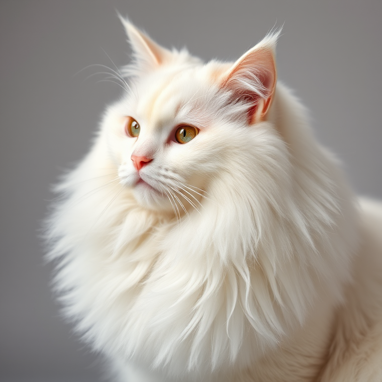 Regenerate a highly detailed portrait of a majestic white cat with a luxurious fluffy mane, set against a soft gray background, shot with a Canon EOS R5, 85mm lens, f/1.4 aperture, ISO 100, in soft diffused natural light for enhanced quality and sharpness.