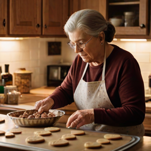 Warm, intimate image of a grandmother and granddaughter baking cookies in a cozy kitchen, soft glow from the oven casting warm shadows, with the smell of chocolate chip cookies filling the air.