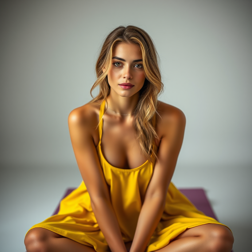 Resplendent photo of woman:caucasian:0.4, highlight hair, wearing Banana dress, sitting on Yoga mat, rim lighting, studio lighting, looking at the camera, dslr, ultra quality, sharp focus, tack sharp, dof, film grain, Fujifilm XT3, crystal clear, 8K UHD, highly detailed glossy eyes, high detailed skin, skin pores
