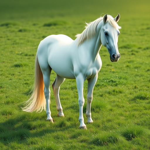 Generate a high-resolution illustration of a graceful white horse standing on lush green grass, using a Canon EOS R5 camera with a 50mm lens, aperture set to f/8 for sharpness, ISO 100 for clarity, and a slight vignette effect to enhance focus on the horse.