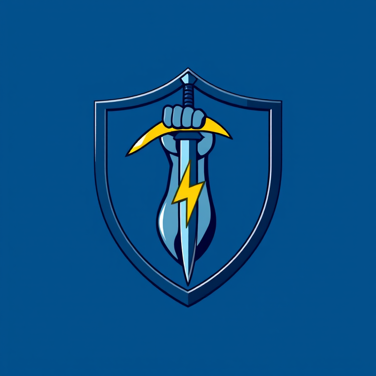 Create a digital illustration of a shield emblem featuring a stylized arm wielding a sword and lightning bolt on a blue background, using a 50mm lens, f/2.8 aperture, and a soft focus effect to enhance sharpness and color vibrancy.