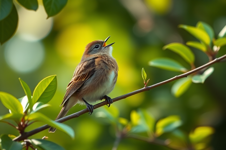 capture a singing bird perched on a branch surrounded by green leaves with a shallow depth of field, f/2.8 aperture, 1/250 sec shutter speed, ISO 200, natural light, macro lens, soft bokeh background, high-resolution DSLR