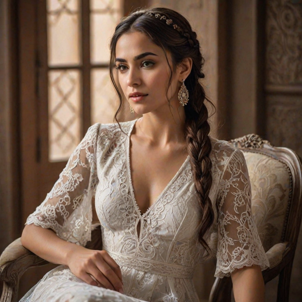 Create a portrait of a refined and elegant Kurdish woman seated in a sophisticated setting. She has long, wavy hair styled in two thick braids that are pulled over her shoulders. She wears a white, lace gown with intricate patterns, featuring a deep V-neckline and short sleeves. The dress exudes a vintage charm with its delicate lacework. She is adorned with ornate, dangling earrings that add a touch of glamour to her appearance. The background is softly lit, with warm, ambient lighting that creates a cozy and inviting atmosphere. Her expression is poised and serene, capturing a sense of grace and elegance.