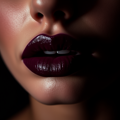 Sultry deep plum lips with a velvet texture, displaying rich pigmentation and a flawless application, captured in a moody and atmospheric studio setting