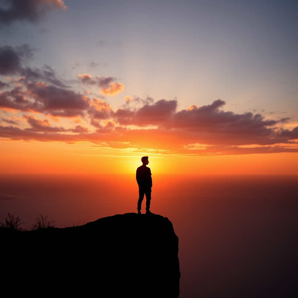 Generate a high-resolution image of a silhouette of a person standing on a cliff at sunset with a view of the horizon, using a DSLR camera with an aperture of f/8, ISO 100, focal length of 50mm, shot in landscape orientation to enhance depth and clarity.