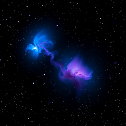 Create a high-resolution cosmic nebula scene featuring vibrant blues and purples against a star-filled black background, shot with a DSLR camera using a 24mm lens at f/2.8, ISO 800, with a 30-second exposure to enhance the luminous details and colors.