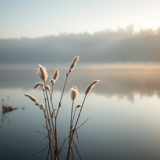 Capture a misty lake scene with frosted plants and soft morning light, using a Canon EOS R5 with a 50mm f/1.8 lens, ISO 200, aperture f/4, shutter speed 1/125 sec, in landscape orientation for enhanced detail and clarity.