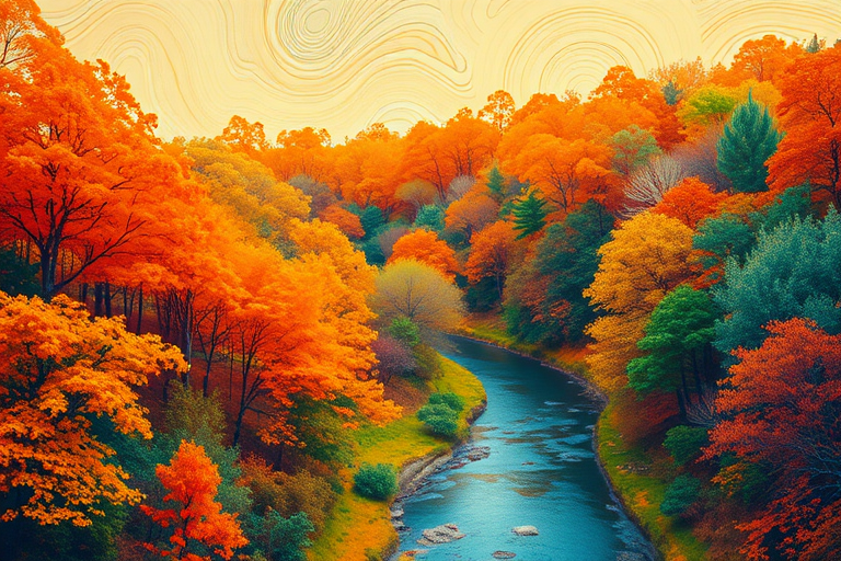 Create a vibrant, impressionistic landscape of a colorful forest with swirling patterns in the trees and a winding river, emphasizing bright oranges, blues, and greens, captured with a DSLR camera at f/8 aperture, ISO 100, a 50mm lens, and a soft focus for dreamy quality.