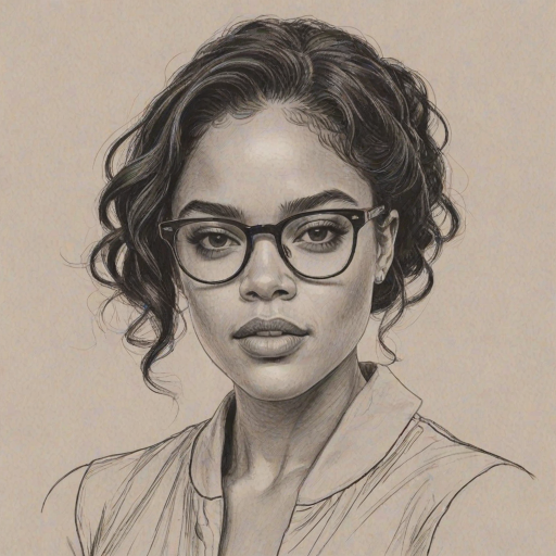 Enticing Tessa Thompson, pencil sketch, portrait of Fetching woman 1961s in glasses, hair style beatnik, outline, clear lines, fine lines, 8k