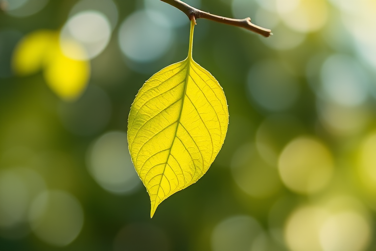 a single bright green leaf hanging from a thin branch in soft focus, background blurred with bokeh effect, natural light, ISO 200, aperture f/2.8, shutter speed 1/500s, shot from a close-up angle with a DSLR camera