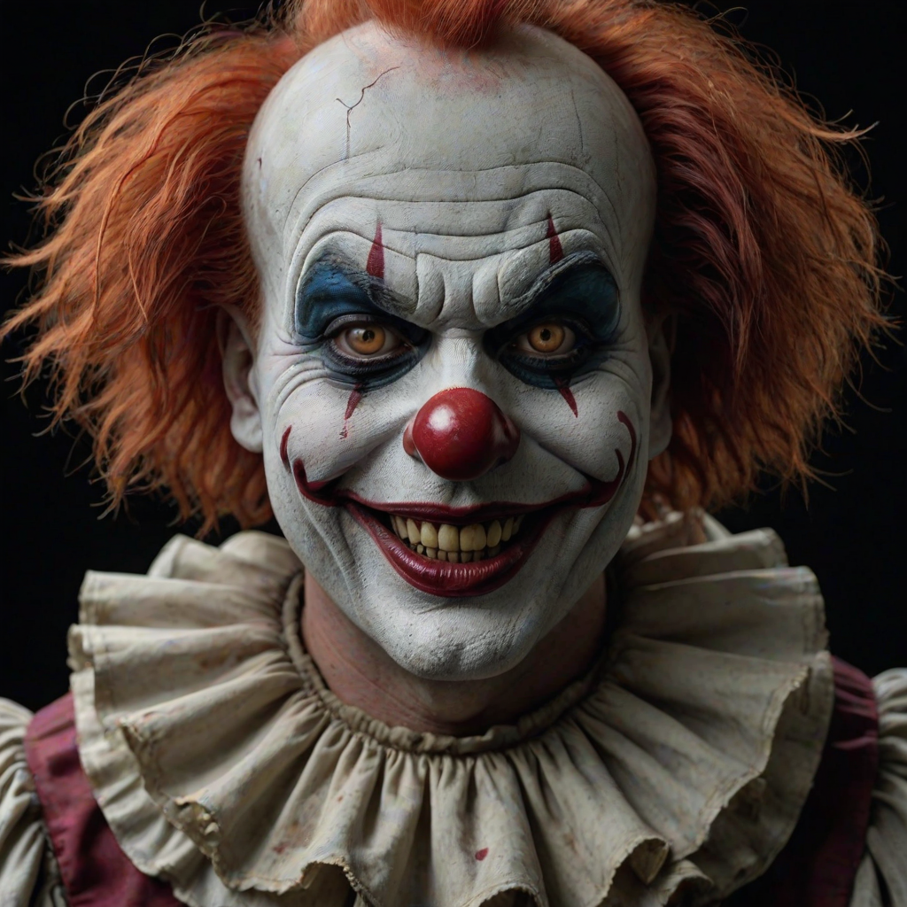 Create a hyper-realistic, dark, and eerie clown with a sinister smile, set against a black background. The clown should have exaggerated makeup with sharp, contrasting colors to enhance its menacing appearance. The overall atmosphere should be unsettling and intense, capturing a sense of horror and suspense