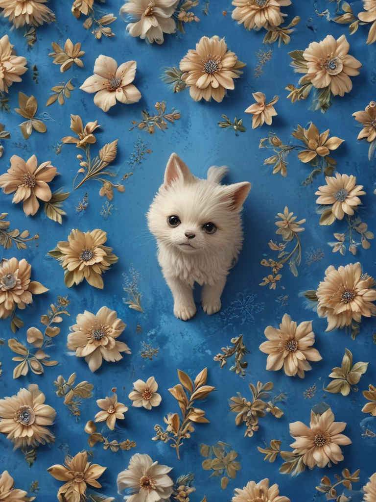 A Cute White Puppy Surrounded by Beautiful Floral Decorations on a Blue ...