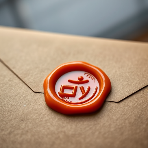 Create a high-resolution image of an orange wax seal on a textured brown envelope, captured with a Canon EOS R5, f/2.8 aperture, 50mm lens, in natural light, emphasizing detail and depth.