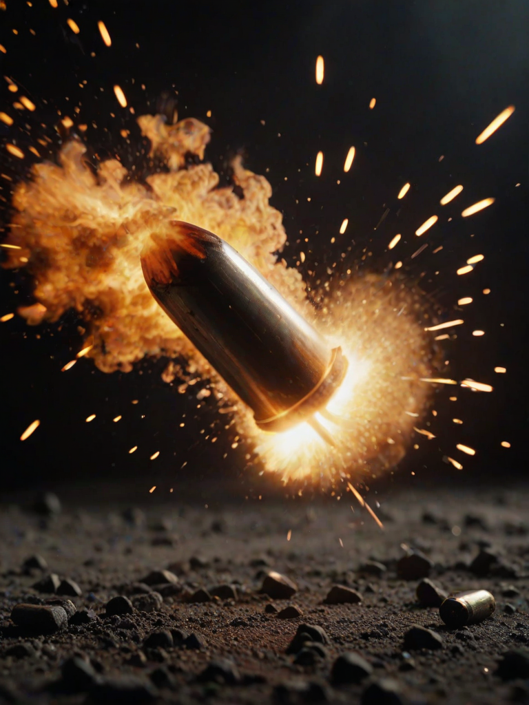 cinematic film still of a large bullet  is being blown by a fire, no humans, black background, realistic, space, explosion, fire in background, shallow depth of field, vignette, highly detailed, high budget, bokeh, cinemascope, moody, epic, gorgeous, film grain, grainy