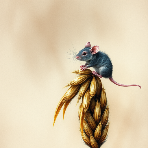 Soft, muted Alcohol Ink with ebru effect background image of tiny whimsical rat, who climbed high on the top of a golden rye ear.