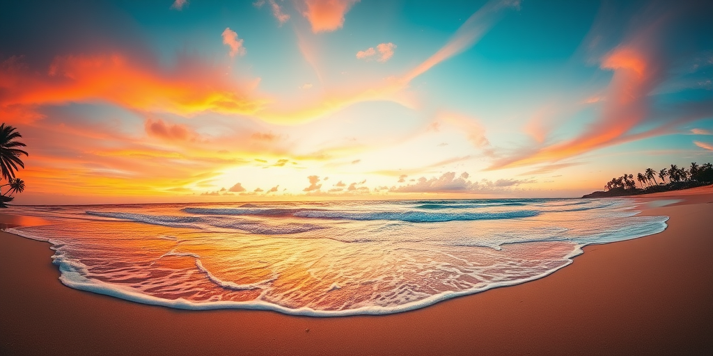 create a highly detailed image of a serene beach scene at sunset with vibrant colors, soft waves lapping at the shore, and palm trees in silhouette, taken with a DSLR camera at f/8, ISO 100, 1/125s, using a wide-angle lens at 24mm for a panoramic view, in a warm color style to enhance the tranquil atmosphere