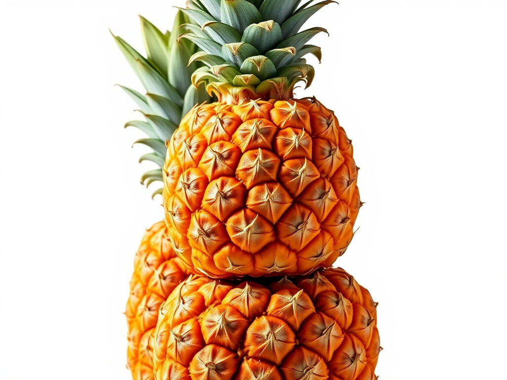 Create a detailed illustration of three ripe pineapples stacked together, using vibrant colors and sharp details, captured with a Canon EOS 5D Mark IV, 50mm lens, f/2.8 aperture, in bright studio lighting to enhance texture and clarity.