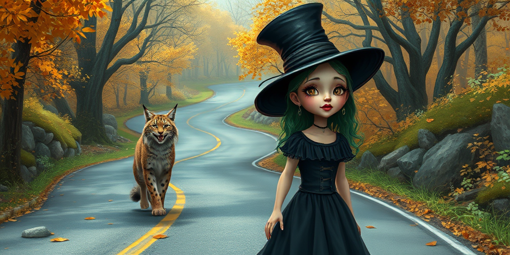 digital art fantasy depicting a strange girl with green hair, long eyelashes, black lipstick and a tall hat walking along a winding road on an autumn afternoon, an Lynx smiles as she passes