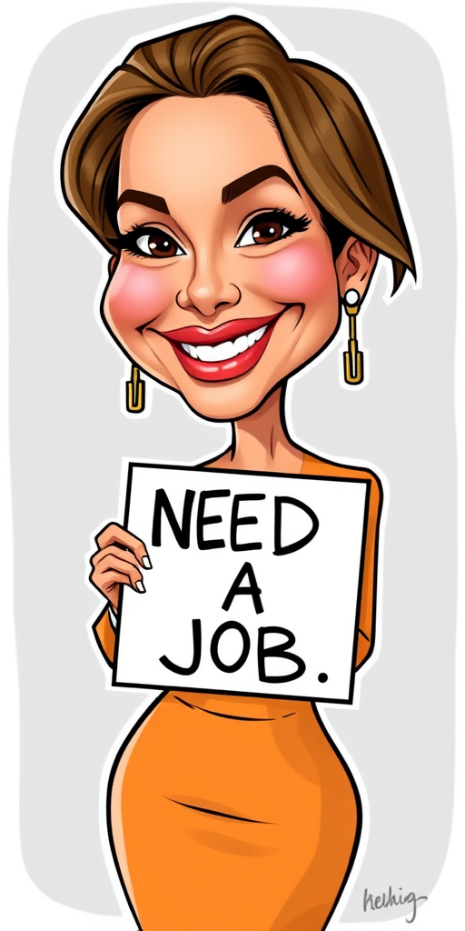 caricature of a smiling Jennifer Lopez in a Ochre dress or suit, holding up a sign that says "NEED A JOB", no watermark,