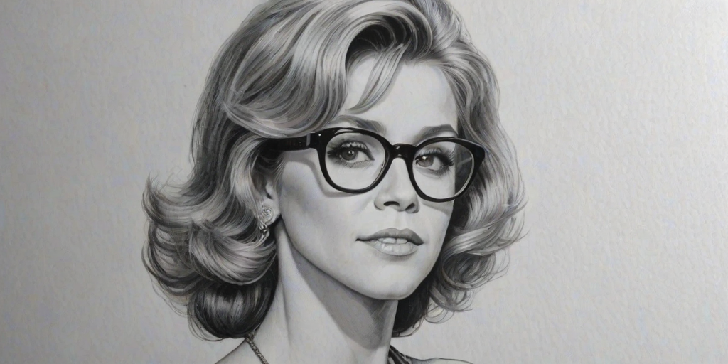 Enticing Jane Fonda, pencil sketch, portrait of Dazzling woman 1932s in glasses, hair style beatnik, outline, clear lines, fine lines, 8k