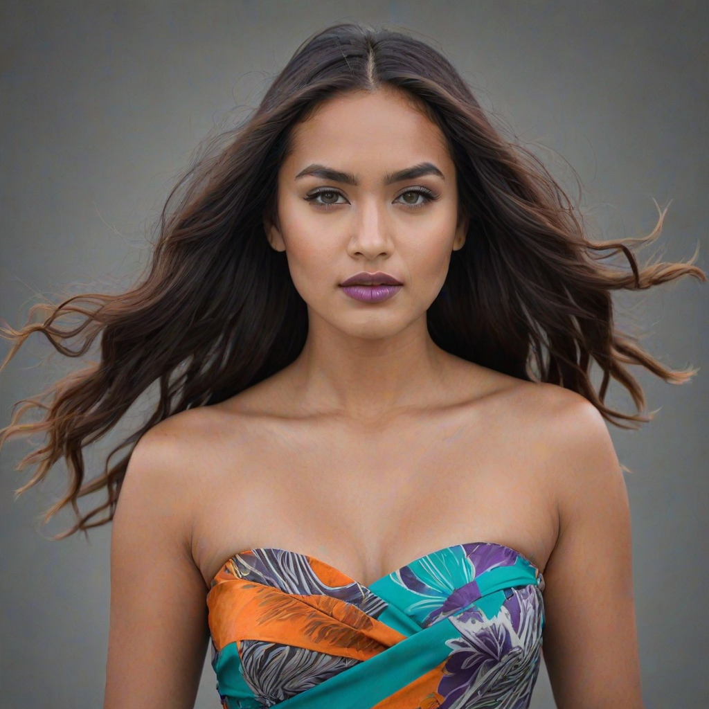 Photographic image of a beautiful young Maori woman, green eyes, lips with cyan lipstick, long hair fluttering in the wind and wearing a silk strapless dress with a soft purple and orange print. monochrome image with only color highlights in the iris of the eyes, lipstick and dress. Gray background.