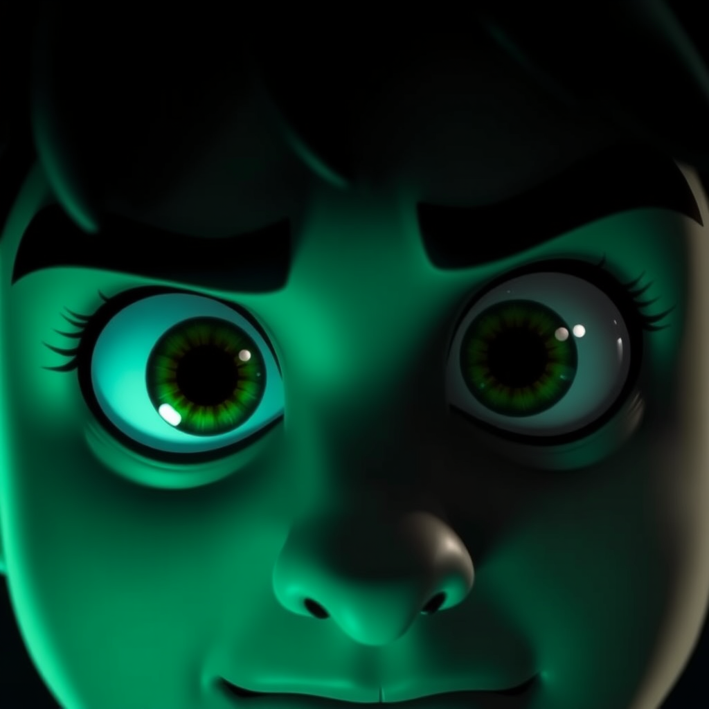 Create an image of intense green cartoon eyes with a dark background, using a DSLR camera, focal length of 50mm, aperture set to f/1.8, ISO 200, shallow depth of field, and soft lighting to enhance the features and create a dramatic effect.
