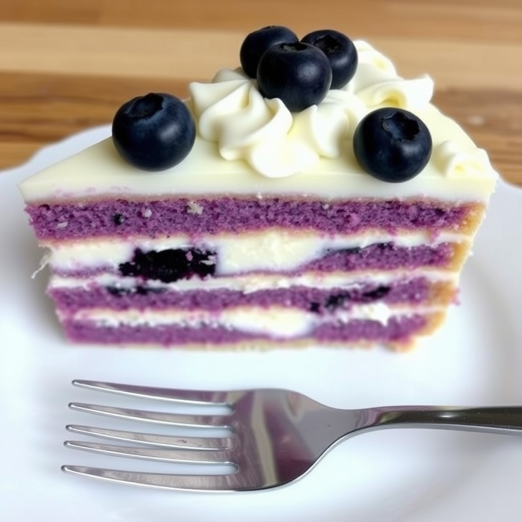 A slice of blueberry cake with creamy frosting on top and fresh blueberries as decoration served on a white plate with a fork beside it. The cake has multiple layers, showcasing a mix of purple and white cream filling.
