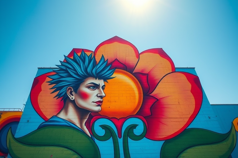 Create an image of a vibrant mural featuring two figures, one with blue spiky hair and a halo, surrounded by a colorful flower with swirling petals under a clear blue sky, captured with a DSLR camera at f/4, 1/250s shutter speed, ISO 200, in daylight, wide-angle lens, with sharp focus on the mural and a blurred background.