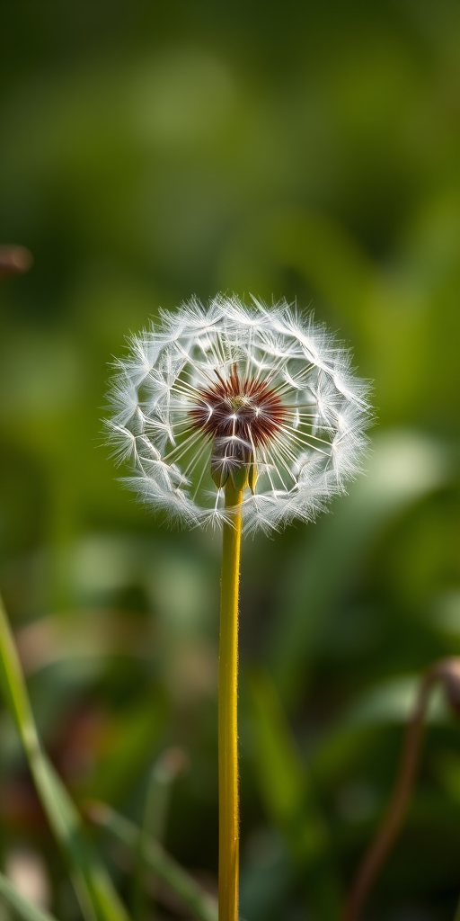 Create a high-resolution image of a stylized green dandelion plant standing tall with detailed textures and sharp contrast, taken with a DSLR camera at f/4, ISO 100, shutter speed 1/200s, from a low angle perspective with a soft focus background to enhance depth of field.