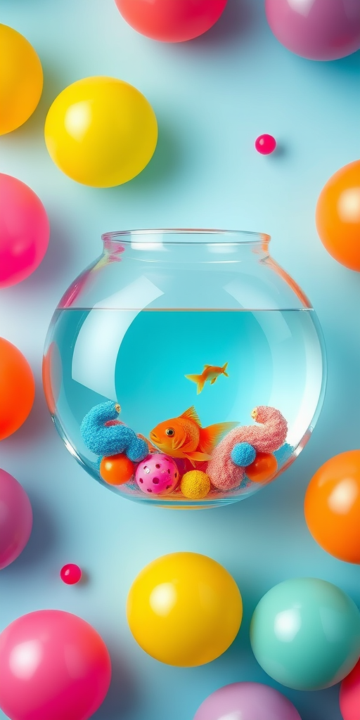 Create an illustration of a colorful fishbowl with a small goldfish inside, surrounded by vibrant balloons of various colors, set on a soft blue background, captured with a digital camera in a flat lay style, using a wide aperture of f/2.8 for a shallow depth of field, ISO 100 for low noise, and a focal length of 35mm for better clarity and detail.