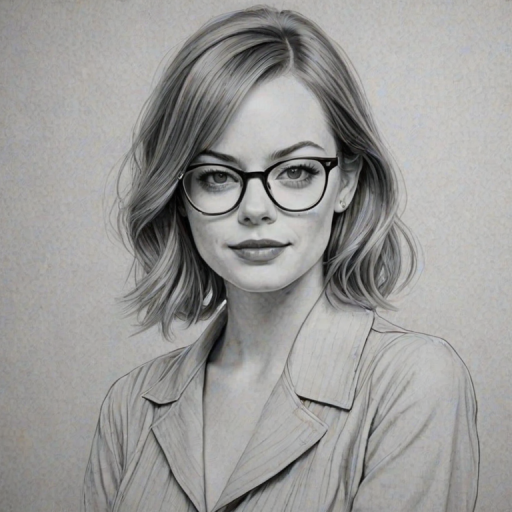 Pleasing Emma Stone, pencil sketch, portrait of Superb woman 1941s in glasses, hair style beatnik, outline, clear lines, fine lines, 8k