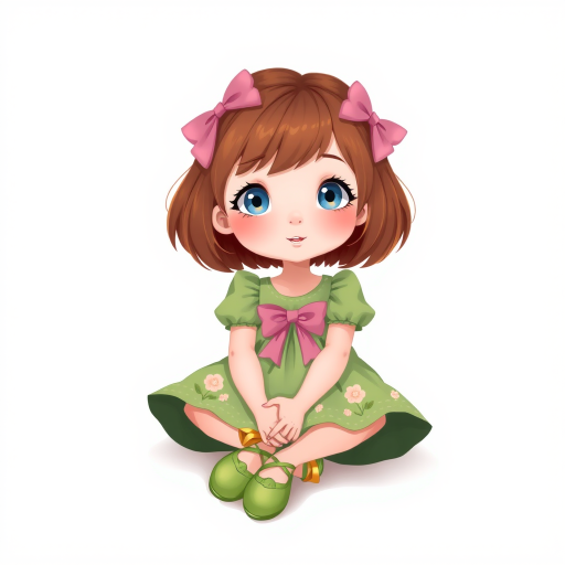 digital illustration of a kid girl with brown hair and blue eyes, sitting on the floor with her legs crossed and her hands resting on her knees. she is wearing a green floral dress with a pink bow on the front and a pair of green shoes with gold ribbon. She has a pink bows on her head. The background is a light beige color with a subtle texture. whimsical and dreamy.The color scheme is soft and muted pastel.