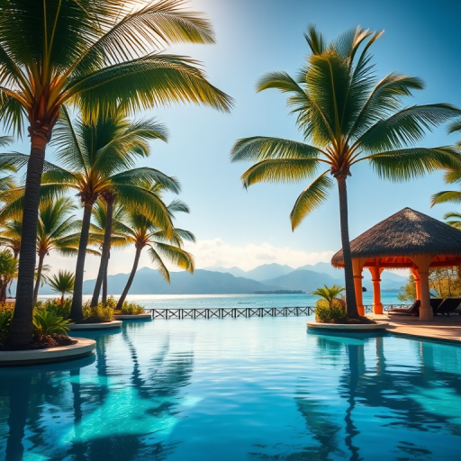 tropical poolside scene with palm trees, blue water, distant mountains, and a thatched gazebo, sunlight casting soft shadows, vibrant color palette, DSLR camera, 50mm lens, f/2.8 aperture, 1/200 sec shutter speed, ISO 100, capture in a warm afternoon light, landscape orientation