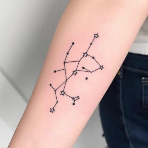 Minimalist fine line tattoo named "Whispered Constellations" featuring delicate star patterns connected by thin lines to form celestial shapes, incorporating subtle dotwork and negative space for a celestial aesthetic