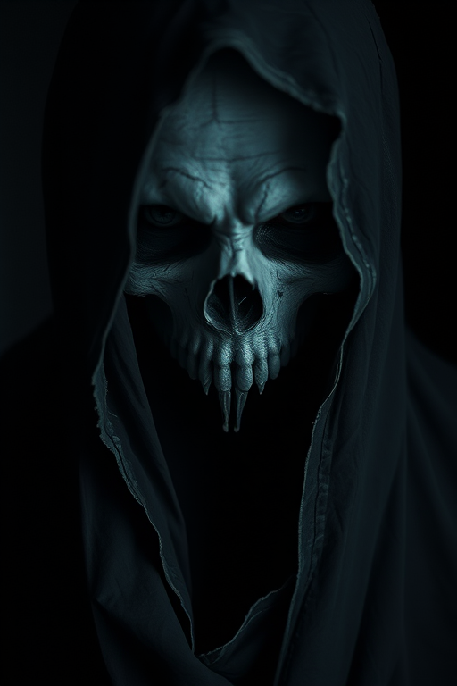 Create a high-resolution portrait of a mysterious figure with a hollow, menacing face partially obscured by tattered fabric, captured in moody low light, using a Canon EOS R5 with a 50mm f/1.2 lens at ISO 100, aperture f/1.2, and a shutter speed of 1/125s, shot from a slightly low angle to enhance the unsettling atmosphere.