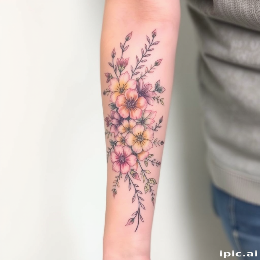 Delicate floral sleeve tattoo named "Blooming Reverie" featuring a cascade of botanically accurate flowers and leaves. Soft, muted colors in pastel shades create a dreamy, romantic atmosphere. Fine lines and subtle shading bring the delicate petals and foliage to life, wrapping gracefully around the arm in a continuous garden of beauty.
