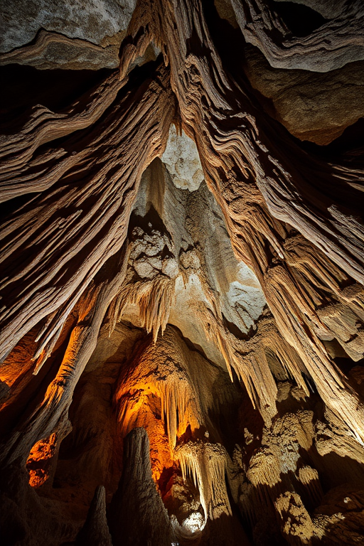 Create a high-resolution image of a stunning cave interior with stalactites and stalagmites, captured with a Canon EOS R5 at f/8, ISO 200, 24mm lens, in a wide-angle view, using HDR photography for enhanced details and rich color saturation.